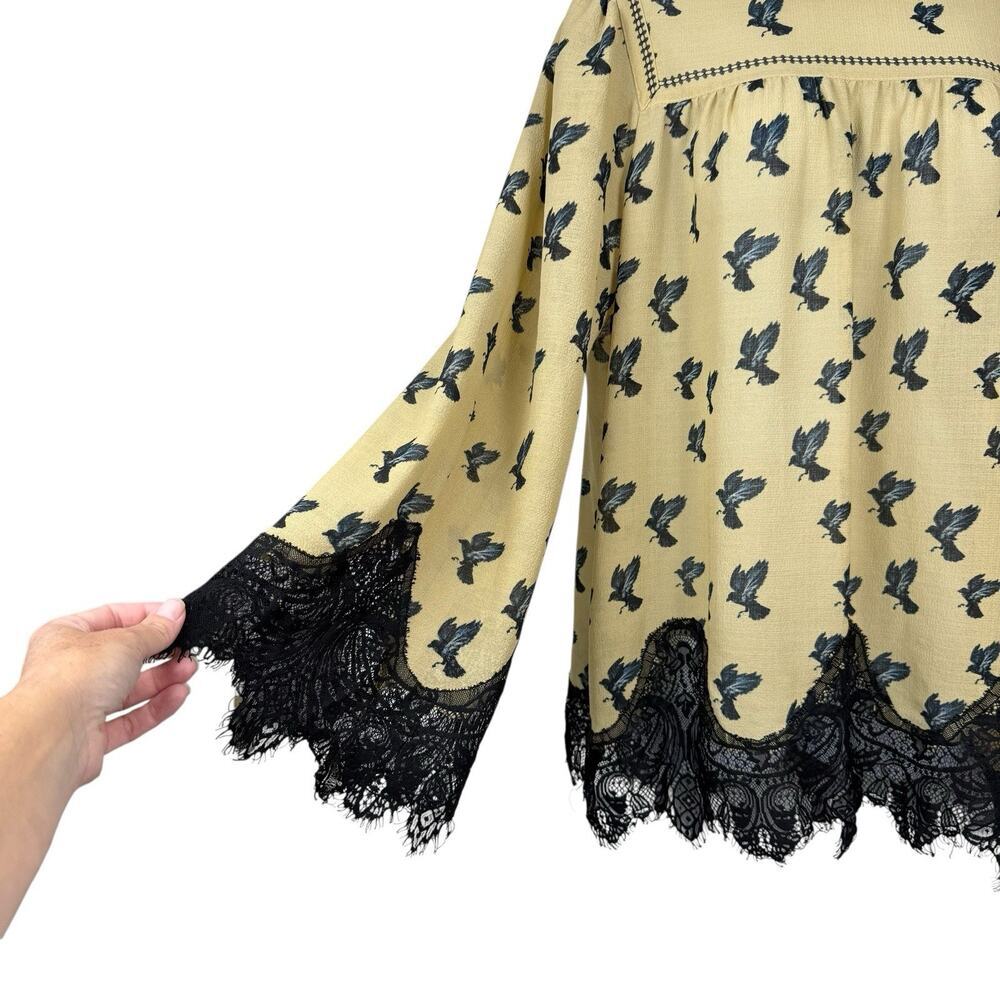 Max Studio Top Women Tan Black Lace Trim Crow Print Whimsigoth Witchy Boho Sheer - Picture 5 of 13